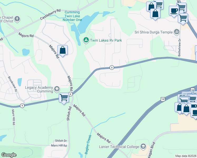 map of restaurants, bars, coffee shops, grocery stores, and more near 3044 Cross Creek Drive in Cumming