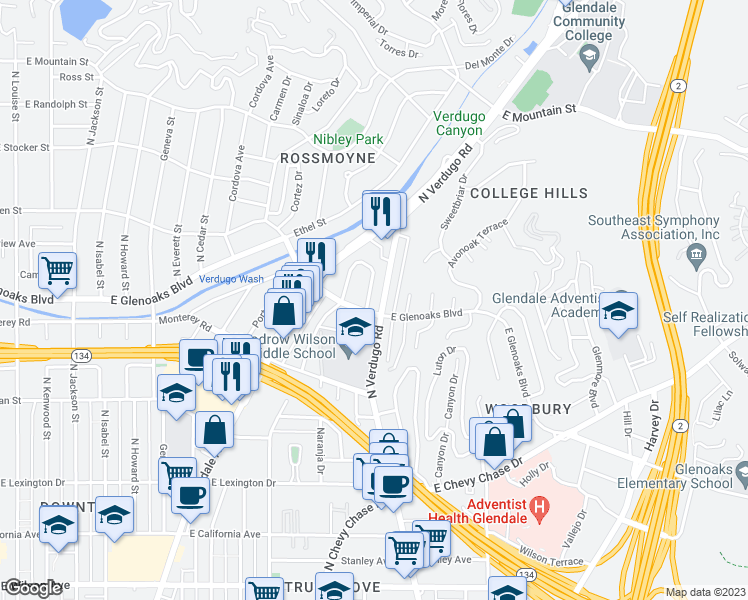 map of restaurants, bars, coffee shops, grocery stores, and more near 985 Verdugo Circle Drive in Glendale
