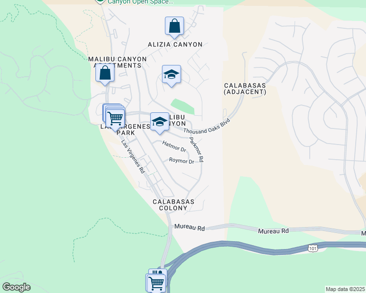 map of restaurants, bars, coffee shops, grocery stores, and more near 26141 Hatmor Drive in Calabasas
