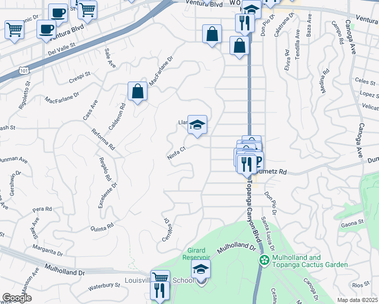 map of restaurants, bars, coffee shops, grocery stores, and more near 22224 San Miguel Street in Los Angeles