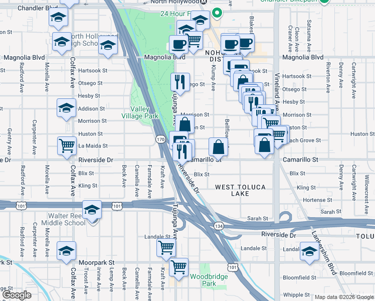 map of restaurants, bars, coffee shops, grocery stores, and more near 4821 Bakman Avenue in Los Angeles