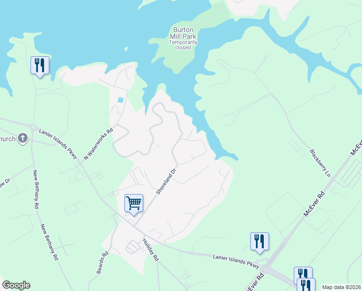 map of restaurants, bars, coffee shops, grocery stores, and more near 3353 Shoreland Drive in Buford