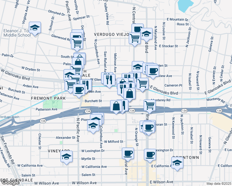 map of restaurants, bars, coffee shops, grocery stores, and more near 345 Burchett Street in Glendale