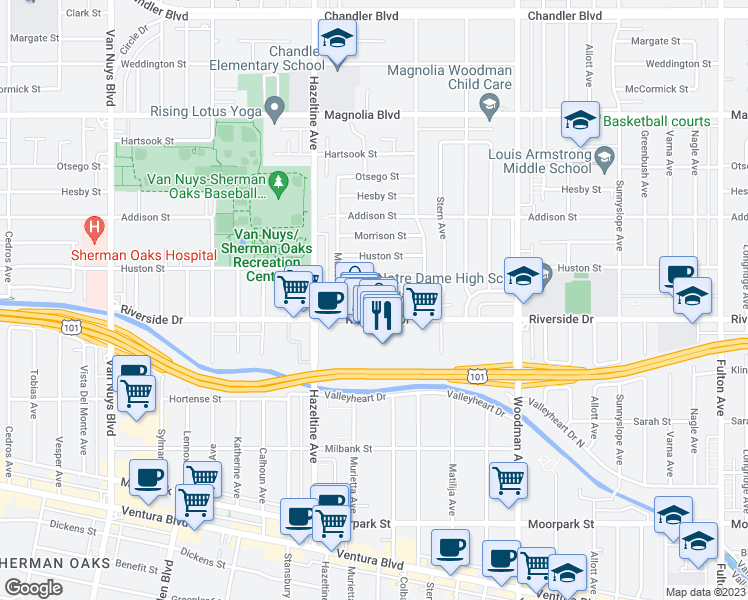 map of restaurants, bars, coffee shops, grocery stores, and more near 13964 La Maida Street in Los Angeles