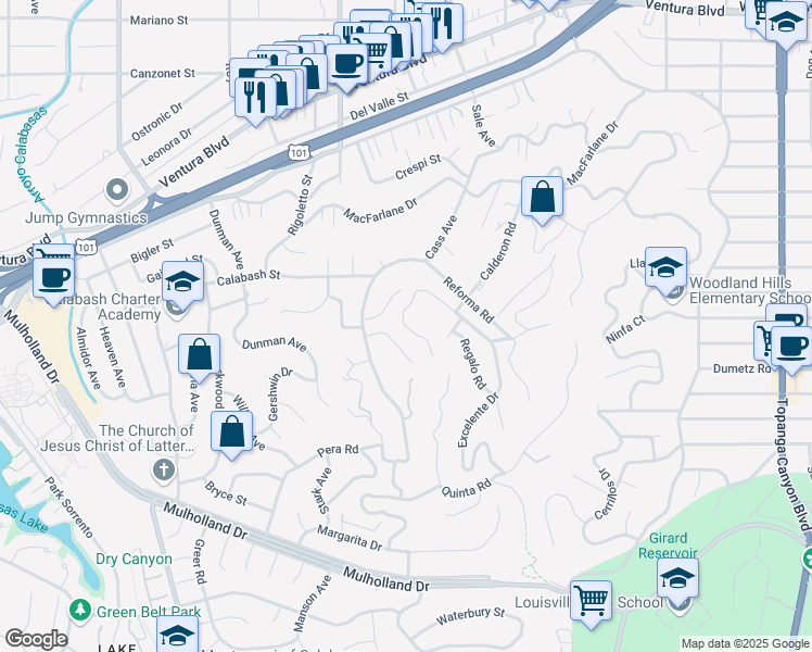map of restaurants, bars, coffee shops, grocery stores, and more near 4846 Calderon Road in Los Angeles
