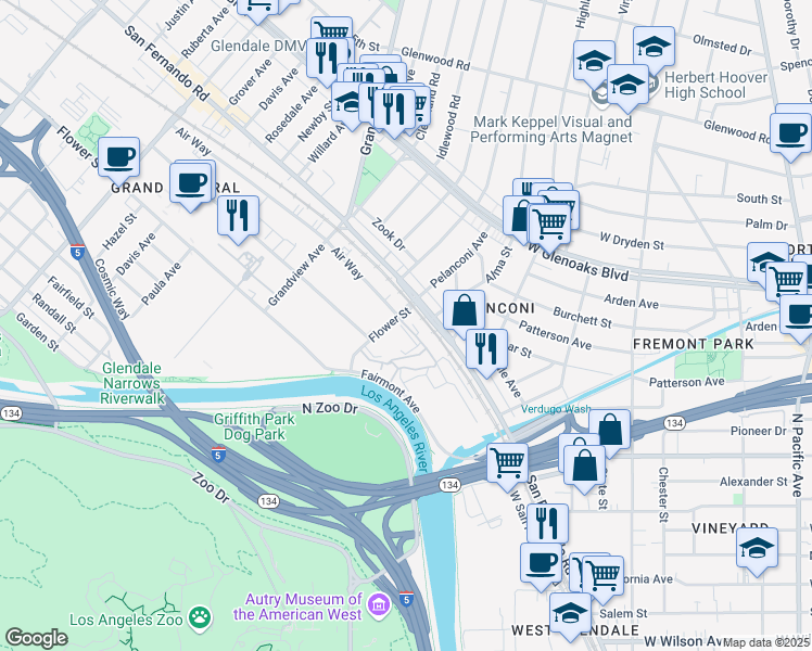 map of restaurants, bars, coffee shops, grocery stores, and more near 827 Air Way in Glendale