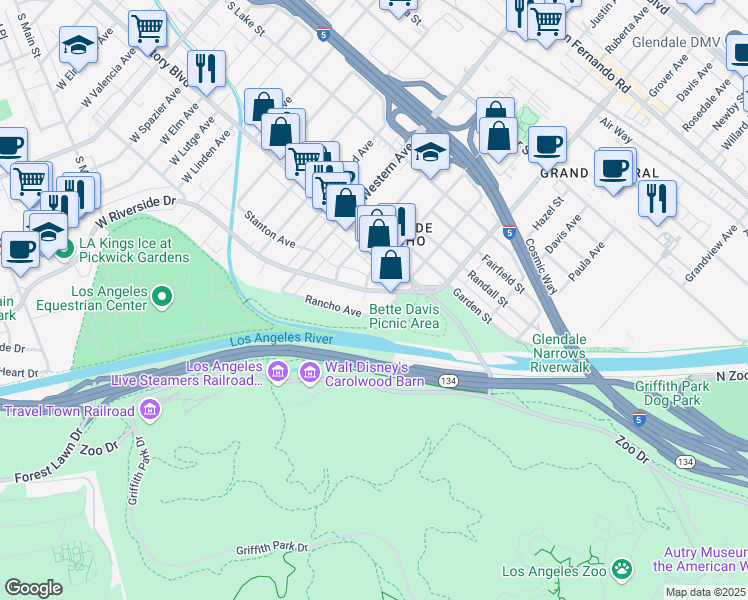 map of restaurants, bars, coffee shops, grocery stores, and more near 1533 Rancho Avenue in Glendale