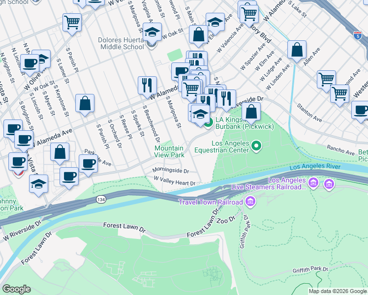 map of restaurants, bars, coffee shops, grocery stores, and more near 1304 West Riverside Drive in Burbank
