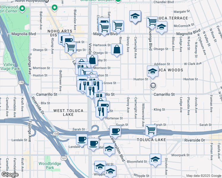 map of restaurants, bars, coffee shops, grocery stores, and more near 4806 Cleon Avenue in Los Angeles