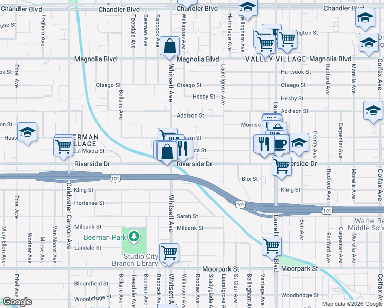 map of restaurants, bars, coffee shops, grocery stores, and more near 12421 Riverside Drive in Los Angeles