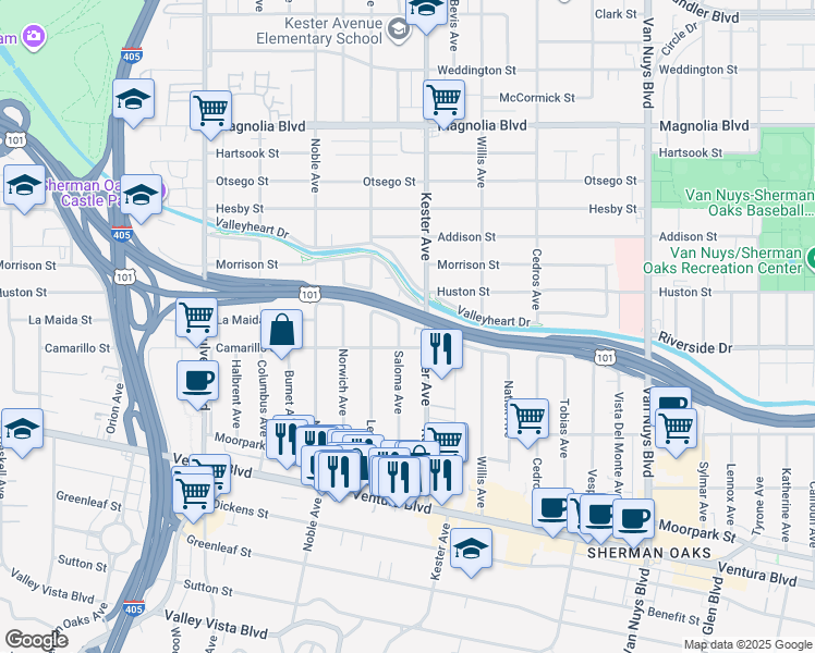map of restaurants, bars, coffee shops, grocery stores, and more near 4812 Saloma Avenue in Los Angeles