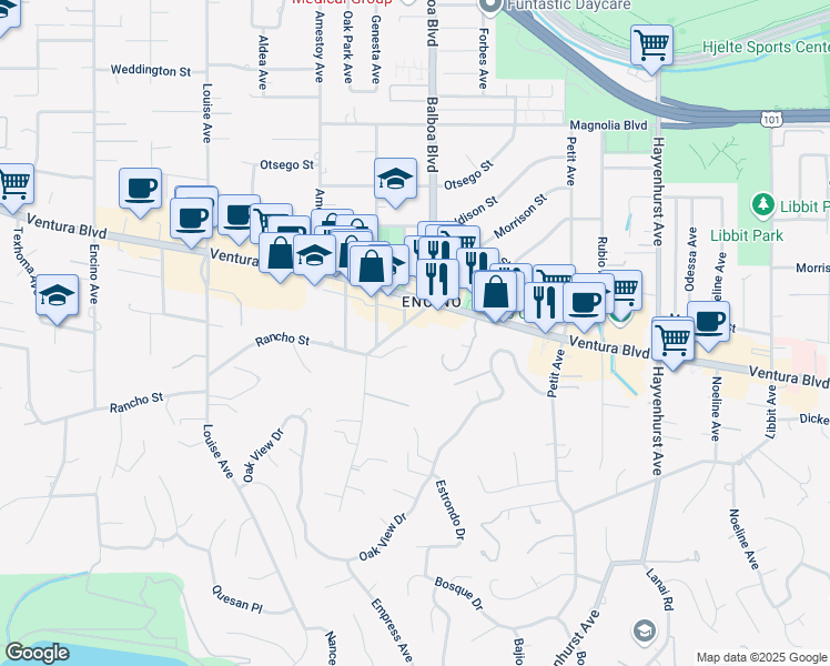 map of restaurants, bars, coffee shops, grocery stores, and more near 4834 Balboa Avenue in Los Angeles