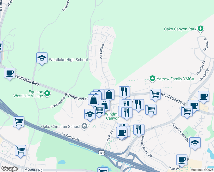 map of restaurants, bars, coffee shops, grocery stores, and more near 109 Via Colinas in Westlake Village