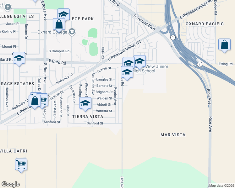 map of restaurants, bars, coffee shops, grocery stores, and more near 4630 Reeder Avenue in Oxnard