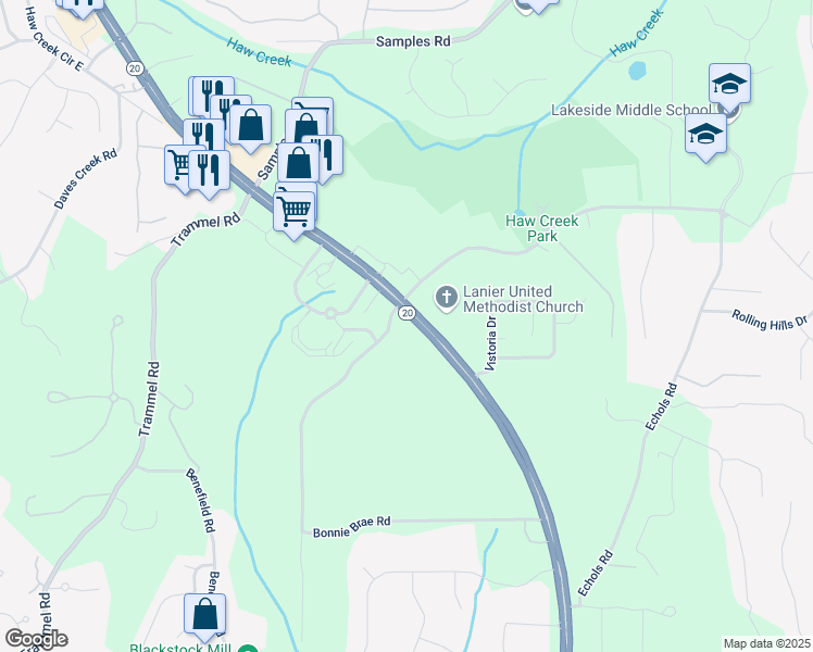 map of restaurants, bars, coffee shops, grocery stores, and more near 2056 Holly Court in Cumming