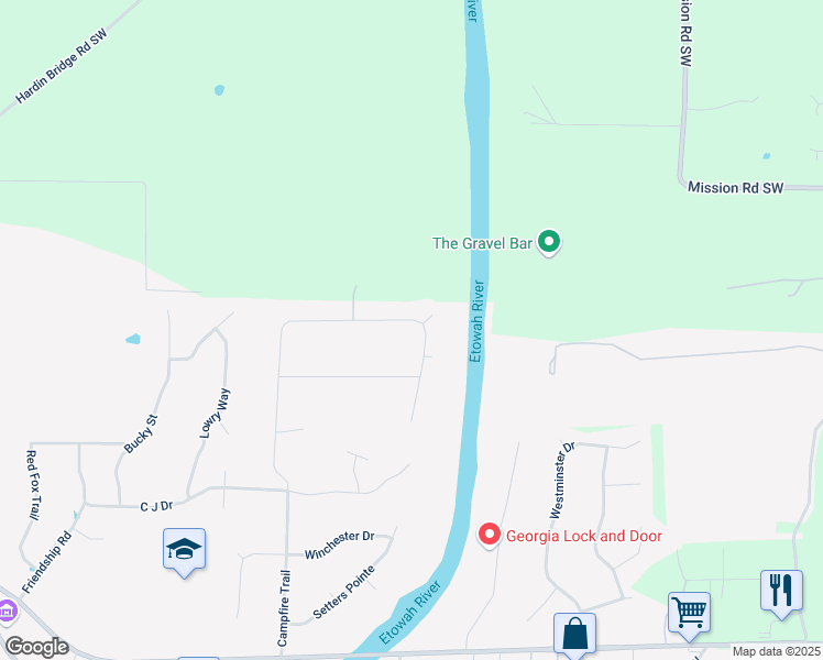 map of restaurants, bars, coffee shops, grocery stores, and more near 92 River Walk Parkway in Euharlee