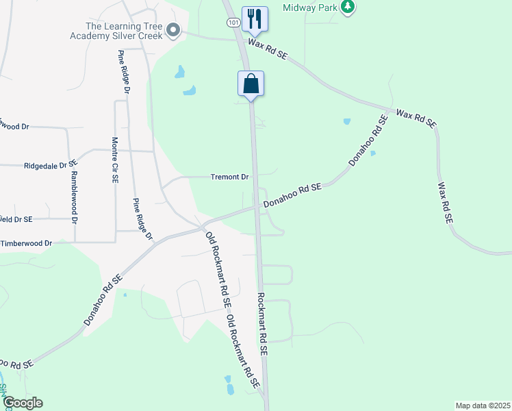 map of restaurants, bars, coffee shops, grocery stores, and more near 4789 Rockmart Road Southeast in Silver Creek