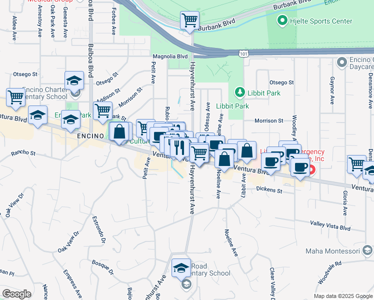 map of restaurants, bars, coffee shops, grocery stores, and more near 16517 Ventura Boulevard in Los Angeles