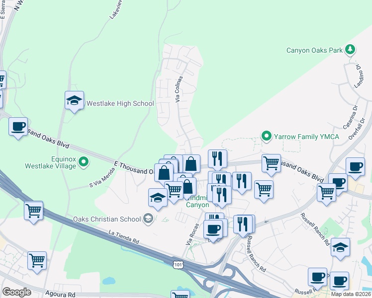 map of restaurants, bars, coffee shops, grocery stores, and more near 111 Via Colinas in Westlake Village
