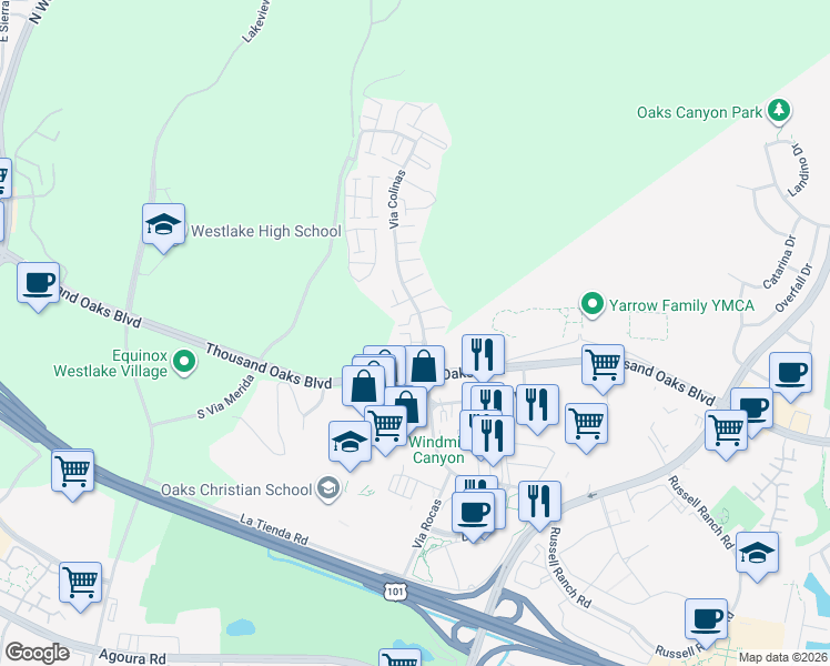 map of restaurants, bars, coffee shops, grocery stores, and more near 109 Via Colinas in Westlake Village
