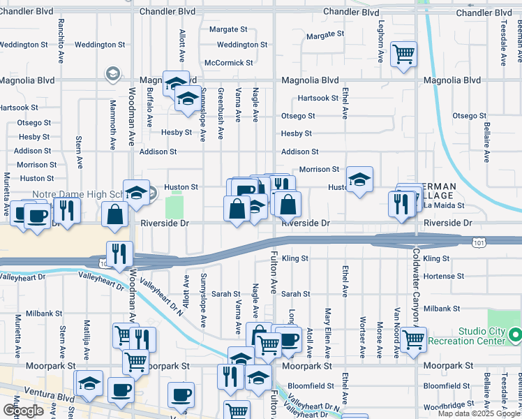 map of restaurants, bars, coffee shops, grocery stores, and more near 13351 Riverside Drive in Los Angeles