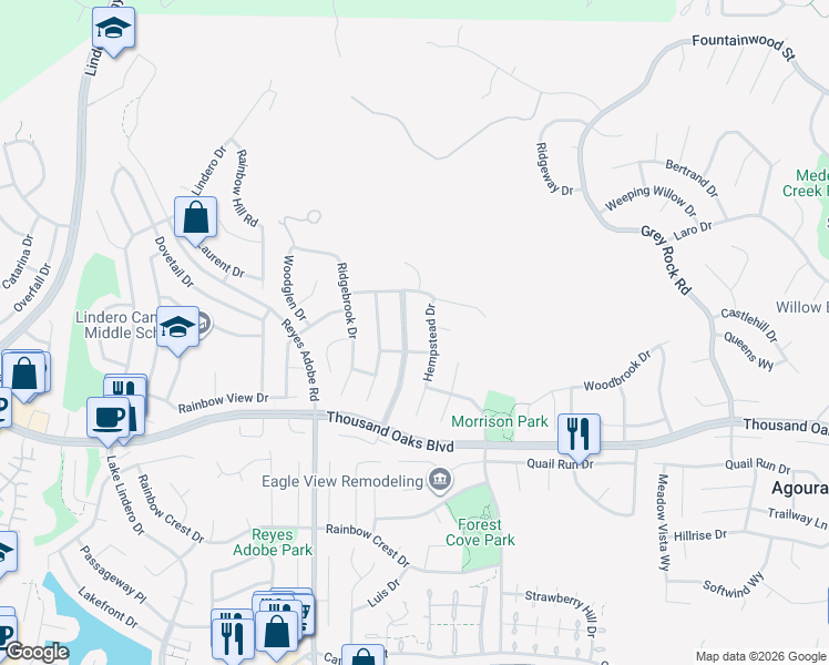 map of restaurants, bars, coffee shops, grocery stores, and more near 5816 Middle Crest Drive in Agoura Hills
