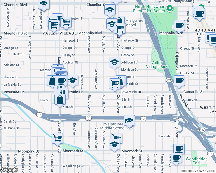 map of restaurants, bars, coffee shops, grocery stores, and more near 11746 La Maida Street in Los Angeles