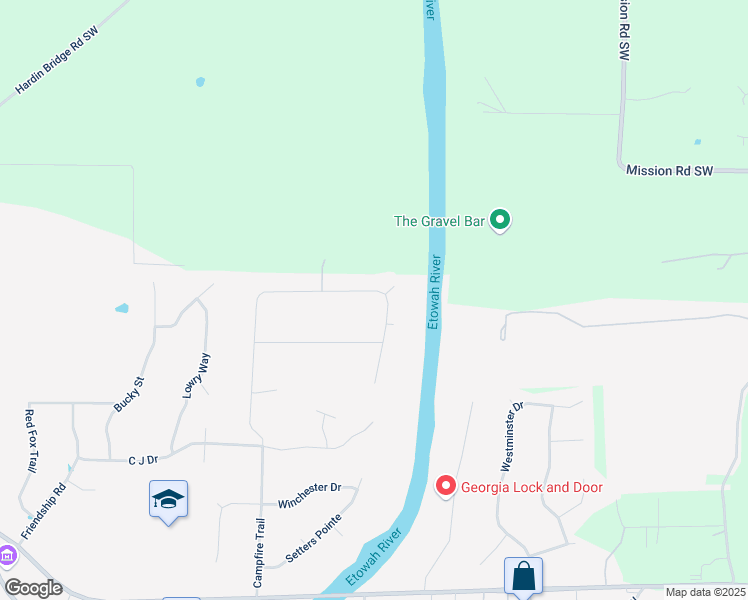 map of restaurants, bars, coffee shops, grocery stores, and more near 92 River Walk Parkway in Euharlee