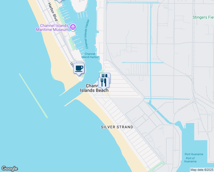 map of restaurants, bars, coffee shops, grocery stores, and more near 207 Rossmore Drive in Oxnard