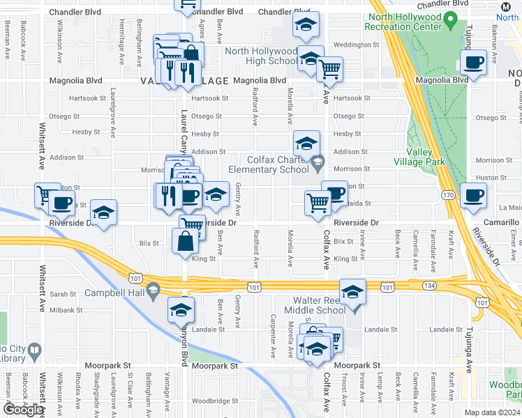 map of restaurants, bars, coffee shops, grocery stores, and more near 4828 Radford Avenue in Los Angeles