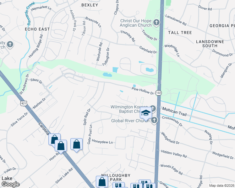 map of restaurants, bars, coffee shops, grocery stores, and more near 4210 Jasmine Cove Way in Wilmington