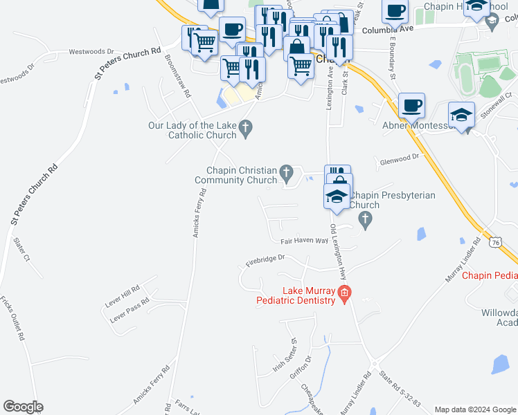 map of restaurants, bars, coffee shops, grocery stores, and more near 175 Fair Haven Way in Chapin