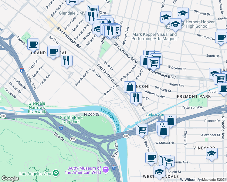 map of restaurants, bars, coffee shops, grocery stores, and more near 845 Air Way in Glendale