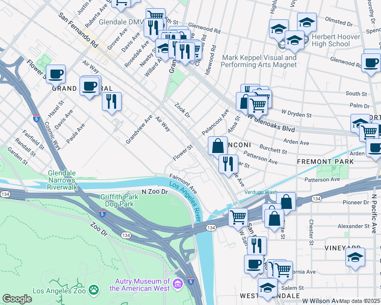 map of restaurants, bars, coffee shops, grocery stores, and more near 845 Air Way in Glendale