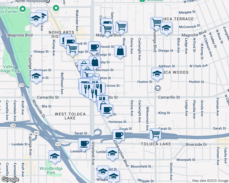 map of restaurants, bars, coffee shops, grocery stores, and more near 4823 Satsuma Avenue in Los Angeles
