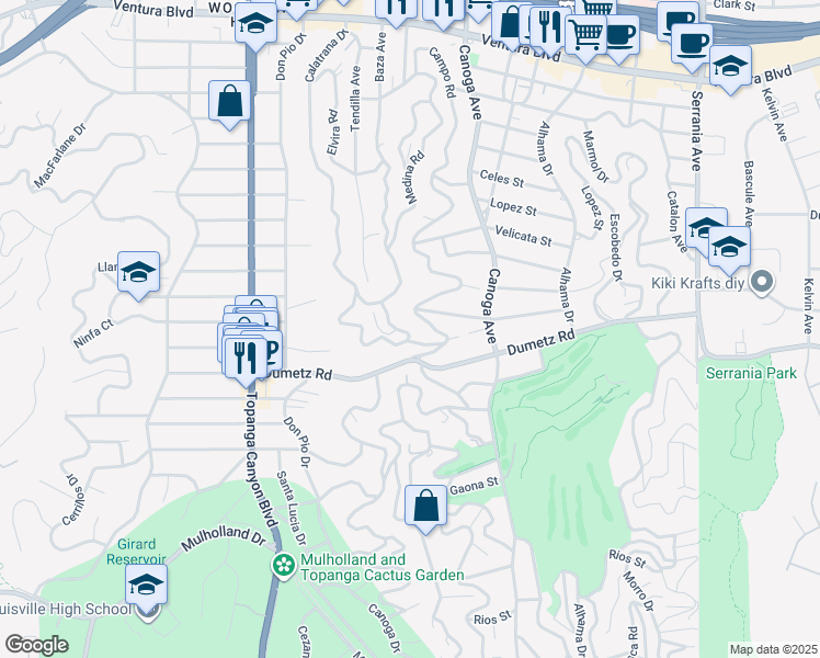 map of restaurants, bars, coffee shops, grocery stores, and more near 4938 Medina Road in Los Angeles
