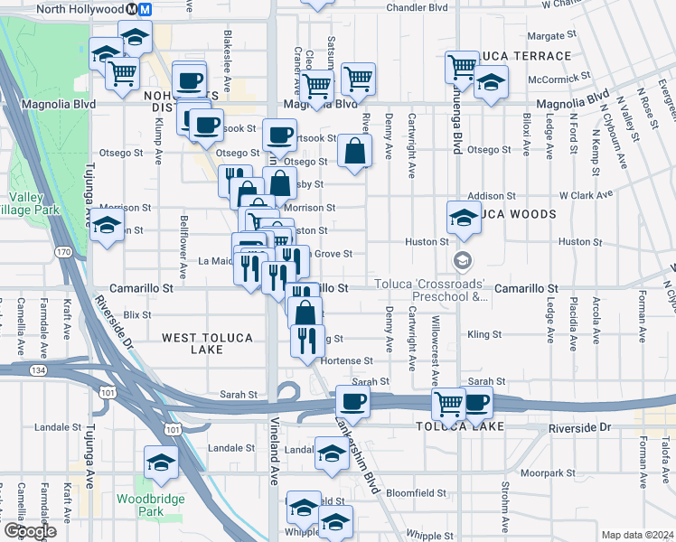 map of restaurants, bars, coffee shops, grocery stores, and more near 4823 Satsuma Avenue in Los Angeles
