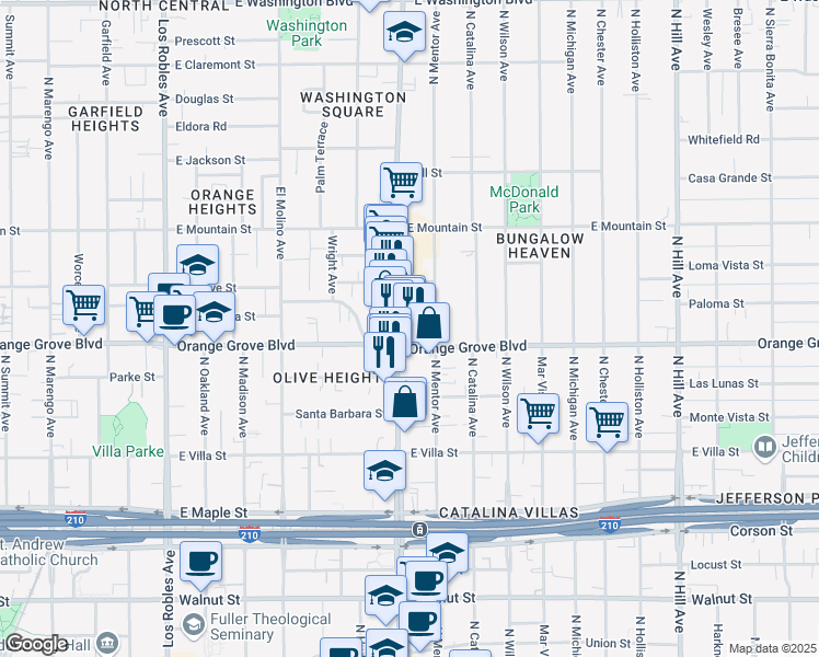 map of restaurants, bars, coffee shops, grocery stores, and more near 720 North Lake Avenue in Pasadena
