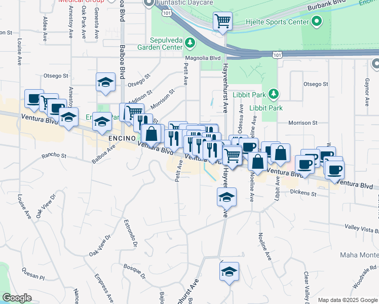 map of restaurants, bars, coffee shops, grocery stores, and more near 16624 Ventura Boulevard in Los Angeles