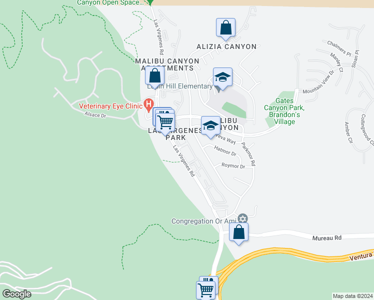 map of restaurants, bars, coffee shops, grocery stores, and more near 5542 Las Virgenes Road in Calabasas