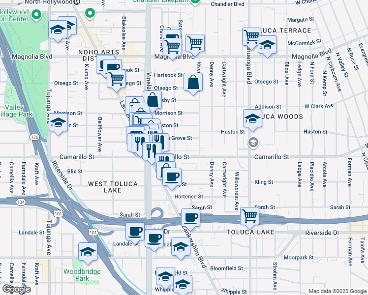 map of restaurants, bars, coffee shops, grocery stores, and more near 4806 Cleon Avenue in Los Angeles