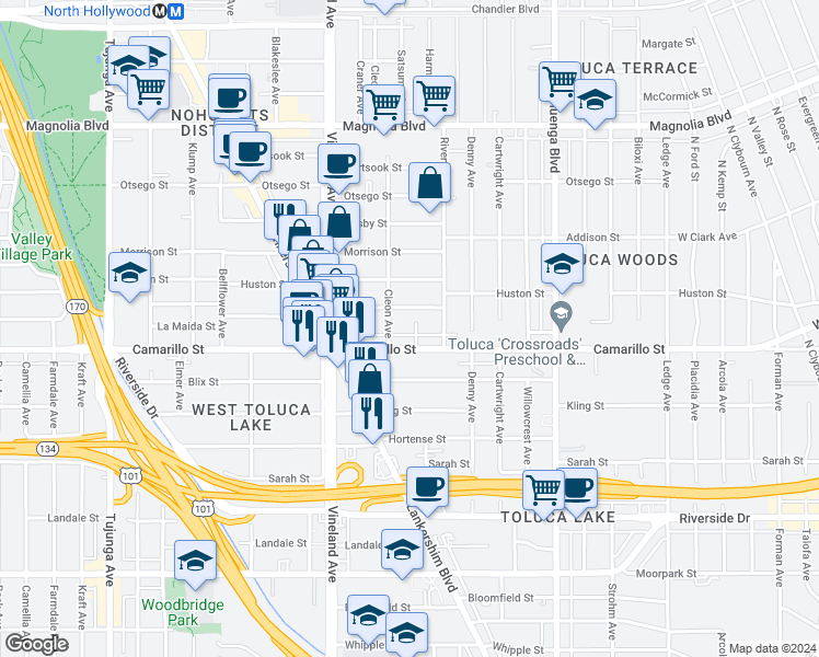map of restaurants, bars, coffee shops, grocery stores, and more near 4823 Satsuma Avenue in Los Angeles