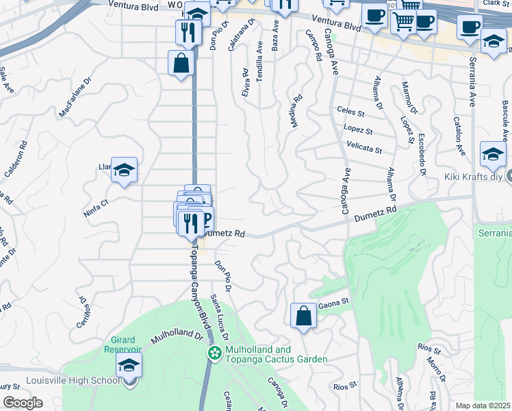 map of restaurants, bars, coffee shops, grocery stores, and more near 4939 Medina Drive in Los Angeles