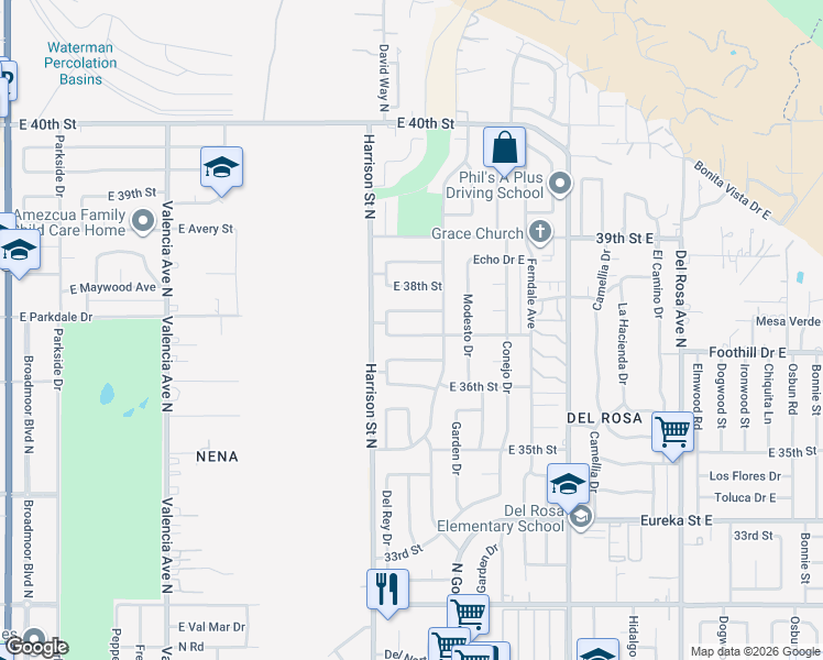 map of restaurants, bars, coffee shops, grocery stores, and more near 1146 East 37th Street in San Bernardino