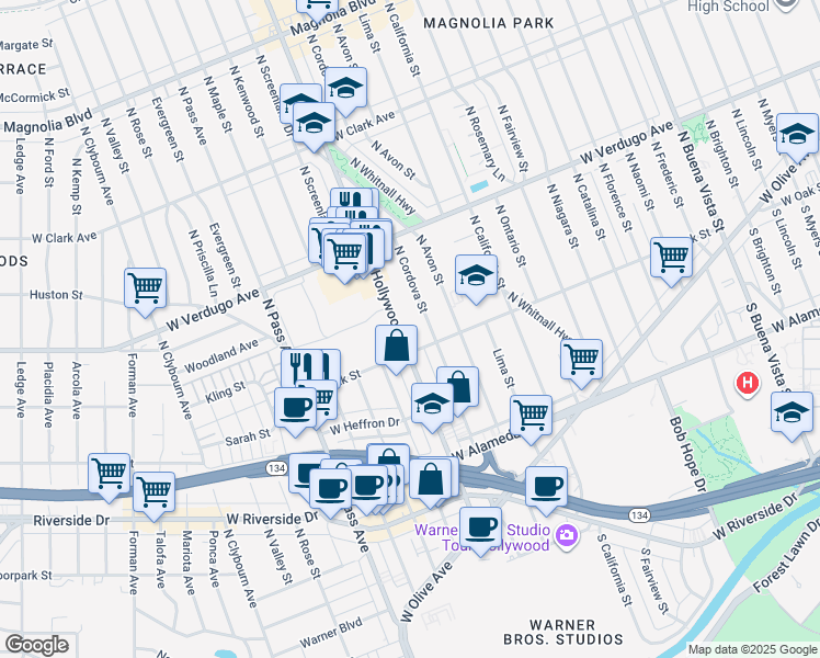 map of restaurants, bars, coffee shops, grocery stores, and more near in Burbank