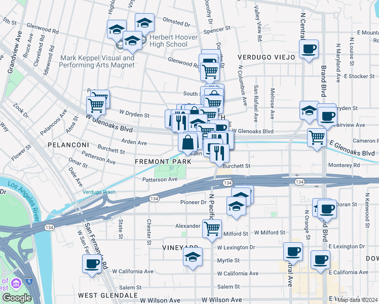 map of restaurants, bars, coffee shops, grocery stores, and more near 556 Arden Avenue in Glendale