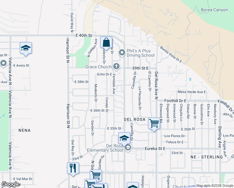map of restaurants, bars, coffee shops, grocery stores, and more near 3700 Mountain Avenue North in San Bernardino