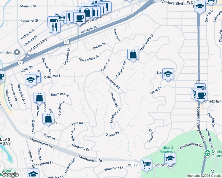 map of restaurants, bars, coffee shops, grocery stores, and more near 4883 Excelente Drive in Los Angeles