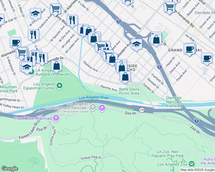 map of restaurants, bars, coffee shops, grocery stores, and more near 1625 Rancho Avenue in Glendale