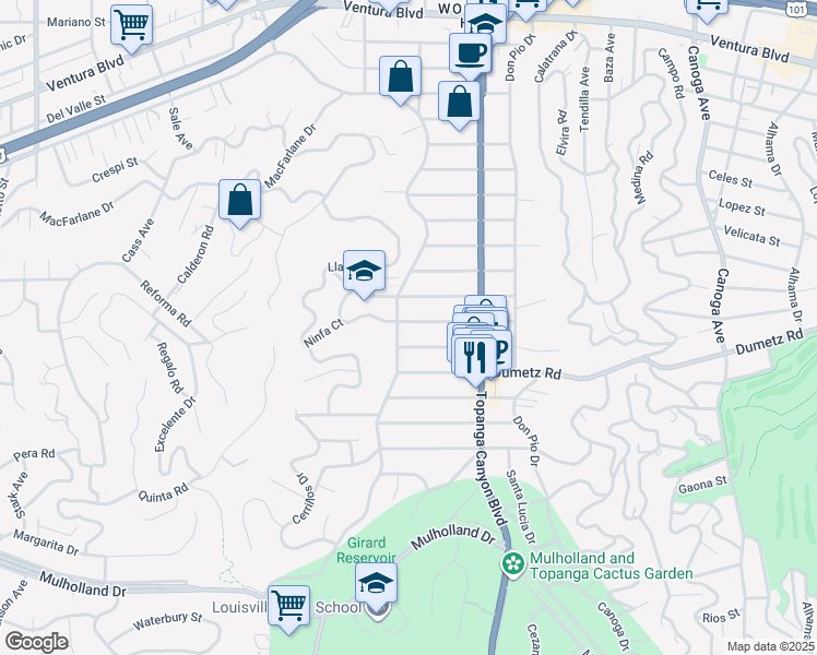 map of restaurants, bars, coffee shops, grocery stores, and more near 22101 Providencia Street in Los Angeles